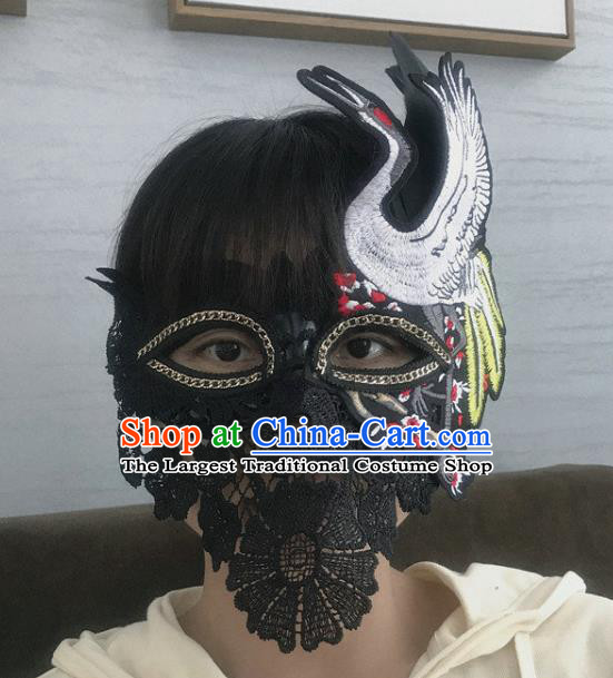 Handmade Stage Show Headpiece Halloween Cosplay Party Black Lace Mask Carnival Embroidered Crane Face Mask