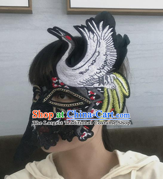 Handmade Stage Show Headpiece Halloween Cosplay Party Black Lace Mask Carnival Embroidered Crane Face Mask
