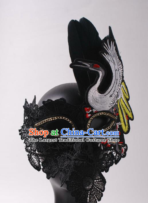 Handmade Stage Show Headpiece Halloween Cosplay Party Black Lace Mask Carnival Embroidered Crane Face Mask