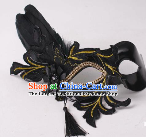Handmade Carnival Black Feather Face Mask Stage Show Headpiece Halloween Cosplay Party Woman Mask