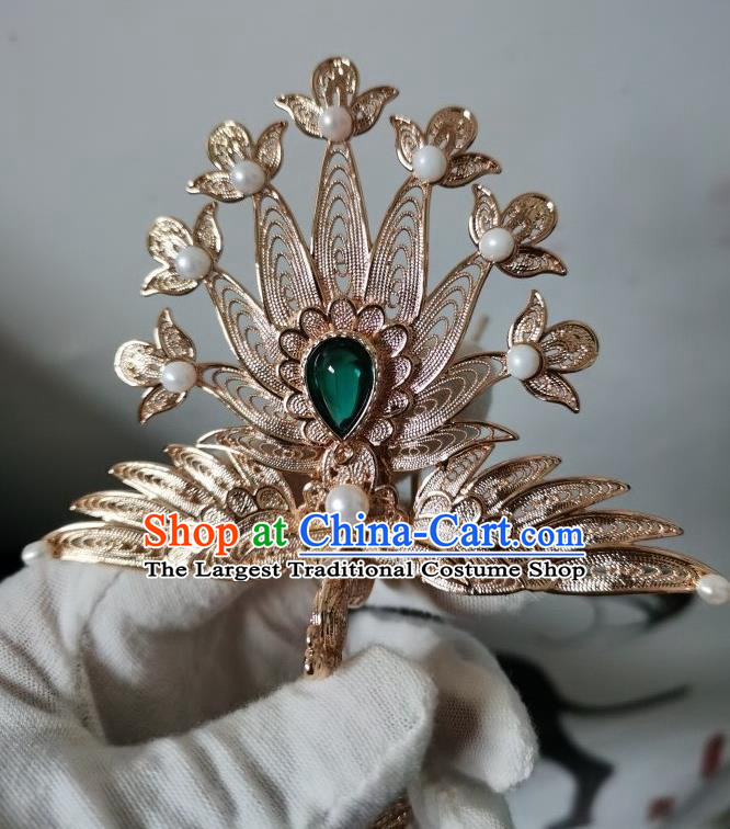 China Ancient Court Woman Hair Accessories Ming Dynasty Empress Golden Phoenix Hair Crown Traditional Hanfu Hairpin