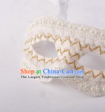 Handmade Halloween Cosplay Party Woman White Lace Mask Carnival Pearls Face Mask Stage Show Headpiece