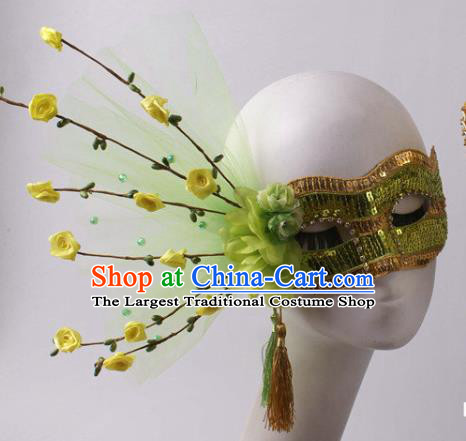 Handmade Halloween Cosplay Party Woman Green Flower Mask Carnival Sequins Face Mask Stage Show Blinder Headpiece