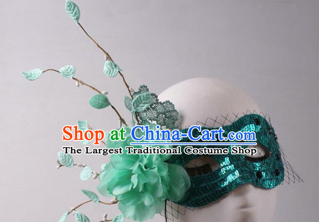 Handmade Stage Show Blinder Headpiece Halloween Cosplay Party Woman Silk Peony Mask Carnival Green Sequins Face Mask