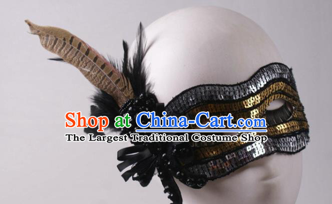 Handmade Carnival Sequins Face Mask Stage Show Blinder Headpiece Halloween Cosplay Party Woman Feather Mask