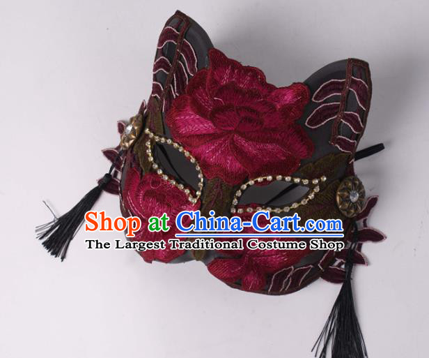 Handmade Stage Performance Blinder Headpiece Halloween Cosplay Party Wine Red Lace Mask Carnival Cat Full Face Mask