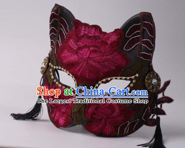 Handmade Stage Performance Blinder Headpiece Halloween Cosplay Party Wine Red Lace Mask Carnival Cat Full Face Mask