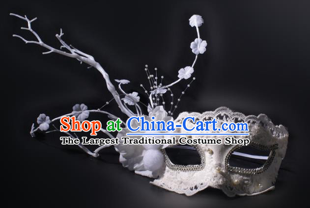 Halloween Party Male Cosplay White Lace Mask Professional Stage Performance Flowers Branch Face Mask Rio Carnival Blinder Headwear