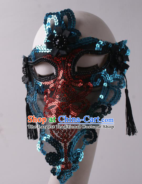 Handmade Costume Ball Female Face Mask Stage Show Blue Sequins Headpiece Halloween Cosplay Party Blinder Mask
