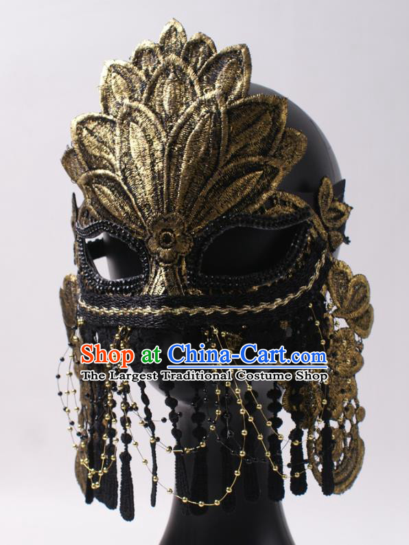 Rio Carnival Headwear Halloween Party Male Cosplay Golden Lace Mask Professional Stage Performance Full Face Mask