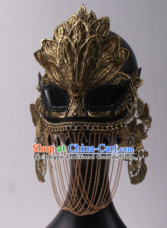 Professional Stage Performance Chain Tassel Full Face Mask Rio Carnival Headwear Halloween Party Male Cosplay Golden Lace Leaf Mask