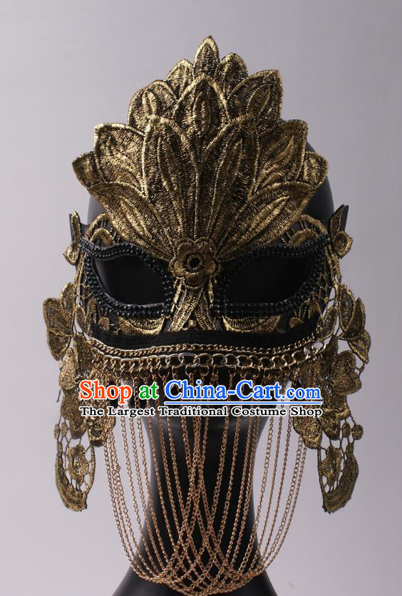 Professional Stage Performance Chain Tassel Full Face Mask Rio Carnival Headwear Halloween Party Male Cosplay Golden Lace Leaf Mask