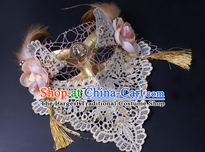 Handmade Costume Ball Queen Face Mask Stage Show White Lace Headpiece Halloween Cosplay Party Golden Blinder Mask