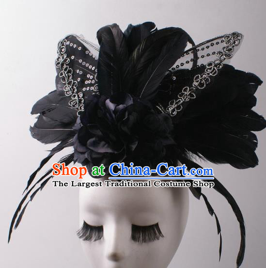 Top Rio Carnival Black Feather Decorations Halloween Cosplay Queen Hair Clasp Stage Show Butterfly Royal Crown Baroque Giant Headdress
