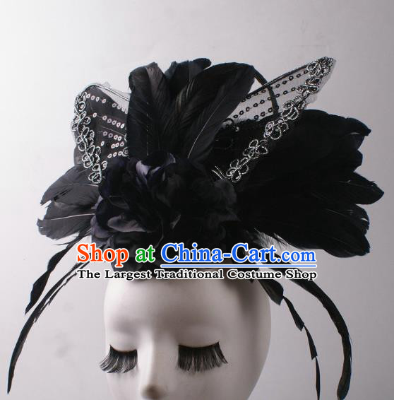 Top Rio Carnival Black Feather Decorations Halloween Cosplay Queen Hair Clasp Stage Show Butterfly Royal Crown Baroque Giant Headdress