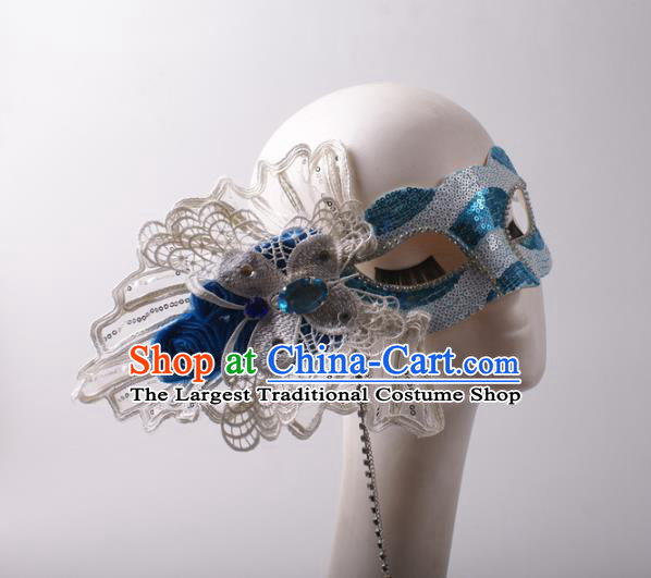 Handmade Stage Show Headpiece Halloween Cosplay Party Blue Sequins Blinder Mask Costume Ball Lace Butterfly Face Mask