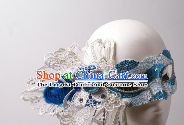 Handmade Stage Show Headpiece Halloween Cosplay Party Blue Sequins Blinder Mask Costume Ball Lace Butterfly Face Mask