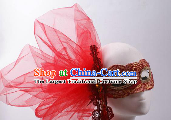 Handmade Costume Ball Female Face Mask Stage Show Headpiece Halloween Cosplay Party Red Veil Blinder Mask