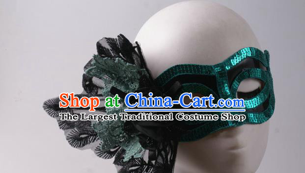 Handmade Halloween Cosplay Party Blue Sequins Blinder Mask Costume Ball Lace Peacock Face Mask Stage Show Headpiece