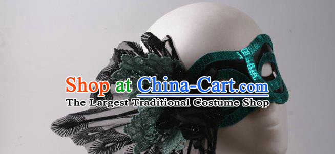 Handmade Halloween Cosplay Party Blue Sequins Blinder Mask Costume Ball Lace Peacock Face Mask Stage Show Headpiece