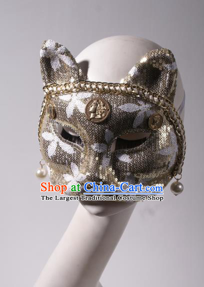 Handmade Stage Show Headpiece Halloween Cosplay Party Woman Fox Mask Costume Ball Golden Sequins Face Mask