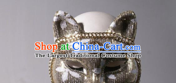 Handmade Stage Show Headpiece Halloween Cosplay Party Woman Fox Mask Costume Ball Golden Sequins Face Mask
