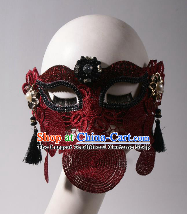Handmade Costume Ball Wine Red Face Mask Stage Show Headpiece Halloween Cosplay Party Woman Mask