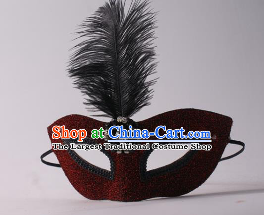 Handmade Halloween Cosplay Party Woman Dark Red Blinder Mask Costume Ball Face Mask Stage Show Feather Headpiece