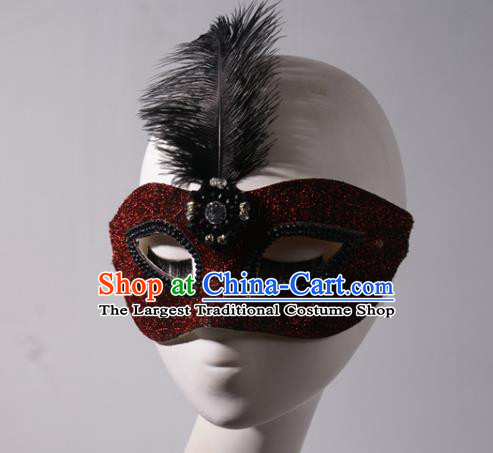 Handmade Halloween Cosplay Party Woman Dark Red Blinder Mask Costume Ball Face Mask Stage Show Feather Headpiece