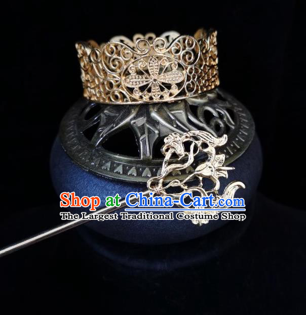 Chinese Ancient Nobility Childe Headwear Traditional Tang Dynasty Prince Golden Hair Crown and Hairpin