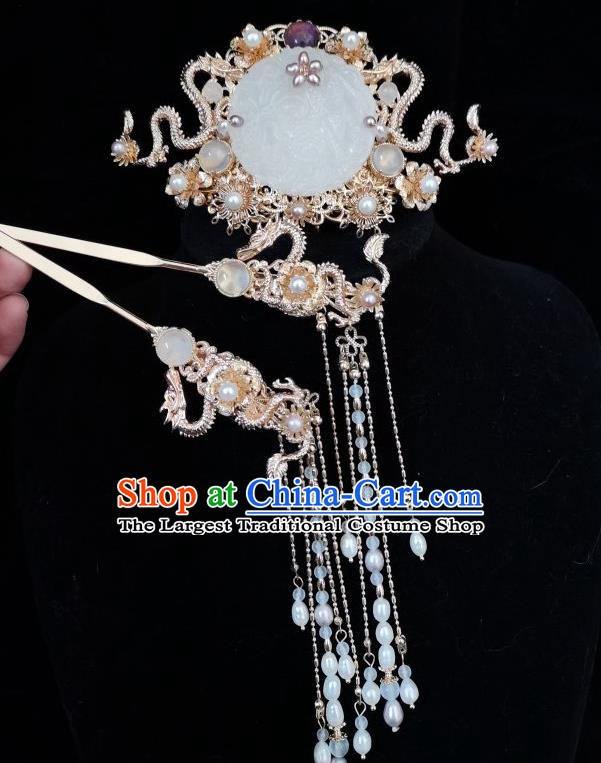 China Traditional Ming Dynasty Empress Jade Hair Crown and Tassel Hairpin Ancient Noble Lady Hair Accessories