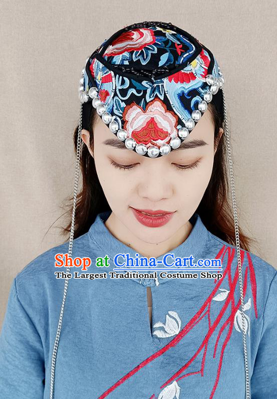 China Yunnan Minority Woman Embroidered Hat Ethnic Folk Dance Hair Accessories Handmade Silver Tassel Headband