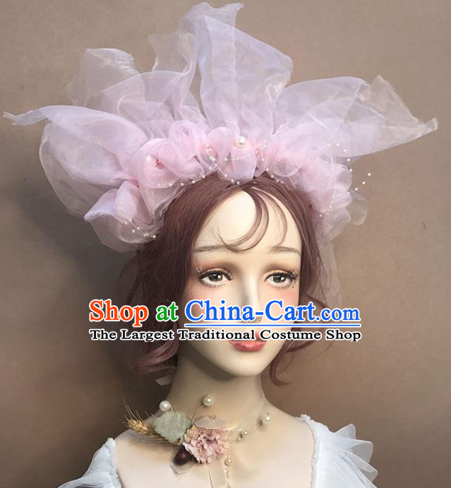 Top Catwalks Dance Pink Veil Hair Clasp Baroque Bride Hair Crown Stage Show Headdress