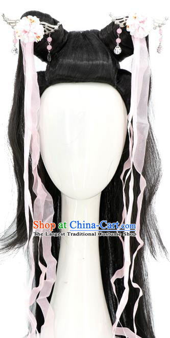 Chinese Ancient Swordswoman Guo Xiang Hair Chignon Classical Cosplay Fairy Hairpieces Song Dynasty Young Lady Wigs Sheath