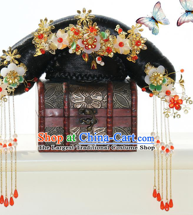 Chinese Qing Dynasty Palace Lady Wigs Sheath Ancient Manchu Princess Hair Chignon Drama Treading On Thin Ice Hair Accessories