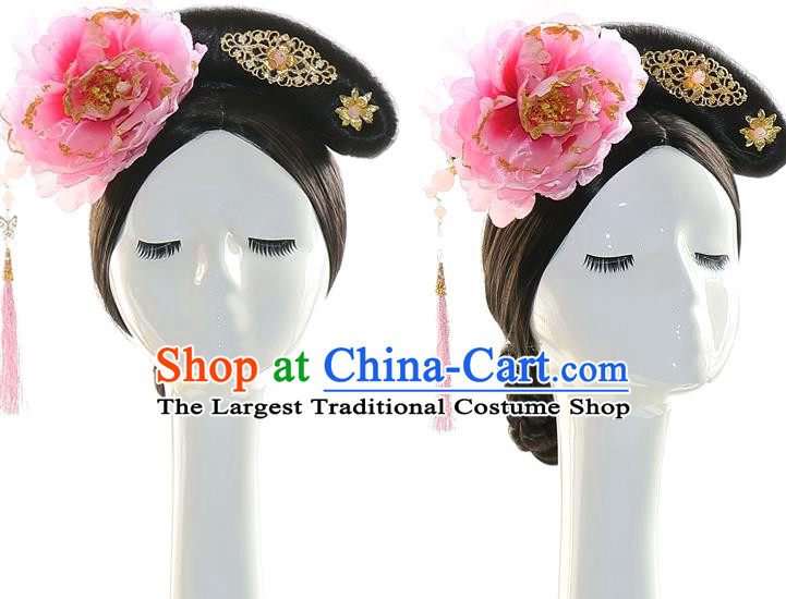 Chinese Ancient Manchu Lady Hair Chignon Drama Jade Palac  Lock Heart Pink Peony Hair Accessories Qing Dynasty Princess Wigs Sheath