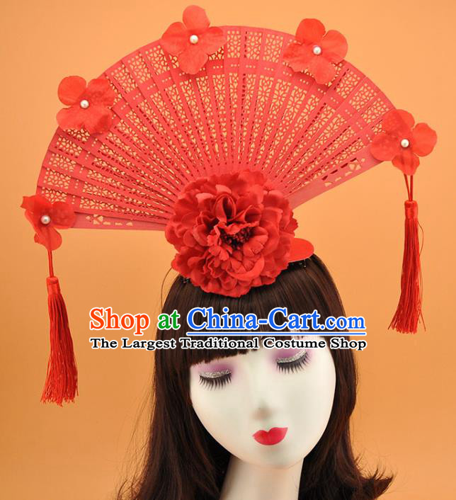 Chinese Court Tassel Top Hat Catwalks Deluxe Headdress Stage Show Red Peony Fan Hair Crown
