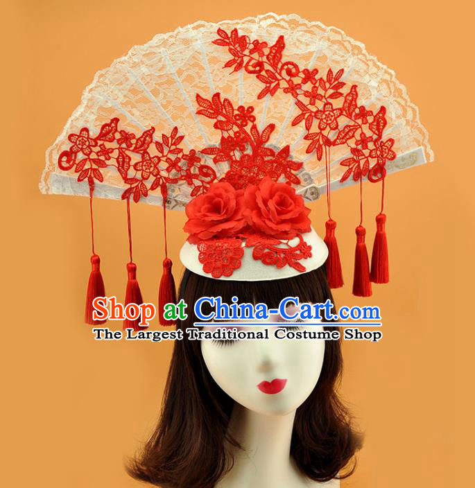 Chinese Stage Show Lace Fan Hair Crown Court Blue and White Porcelain Top Hat Catwalks Deluxe Red Tassel Headdress