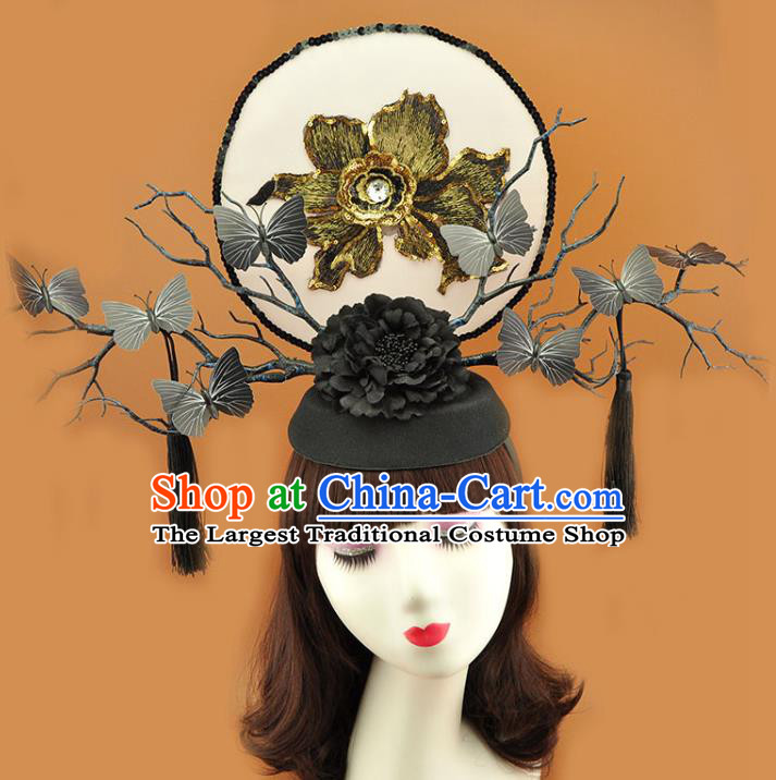 Chinese Court Black Butterfly Branch Top Hat Catwalks Deluxe Tassel Headdress Stage Show Golden Sequins Peony Hair Crown