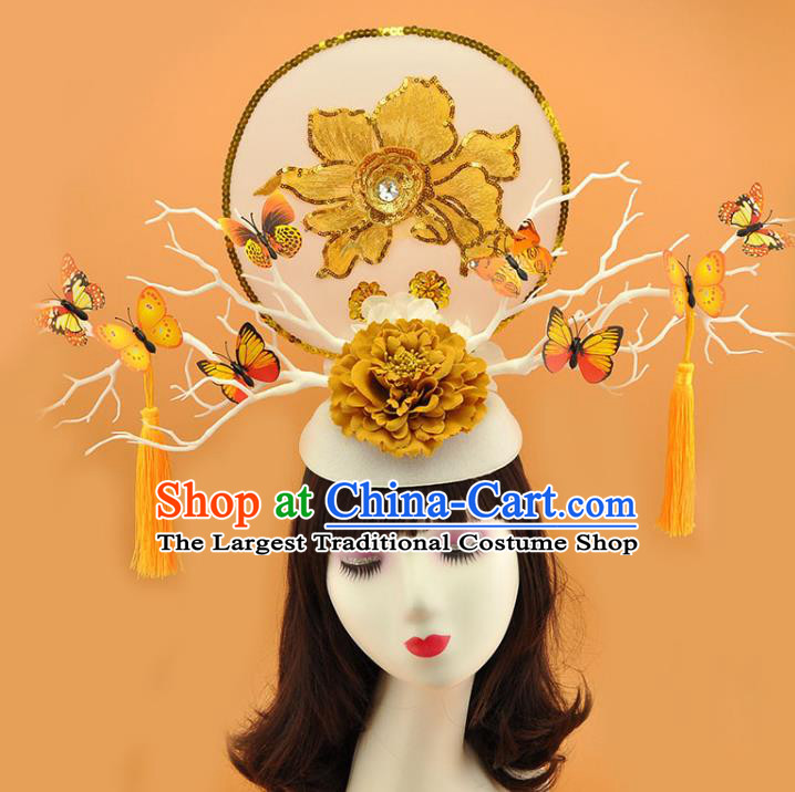 Chinese Court Yellow Butterfly Branch Top Hat Catwalks Deluxe Tassel Headdress Stage Show Sequins Peony Hair Crown