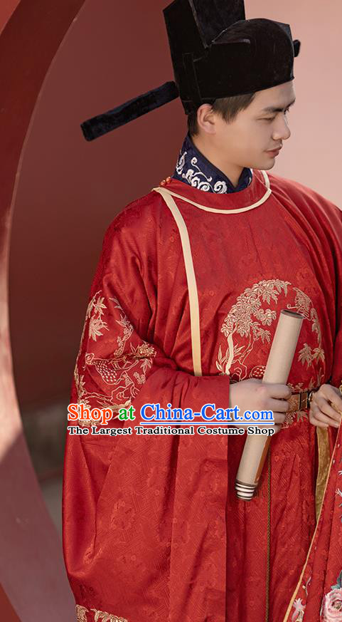 China Song Dynasty Wedding Apparels Traditional Red Hanfu Garments Ancient Official Robe Historical Clothing and Hat