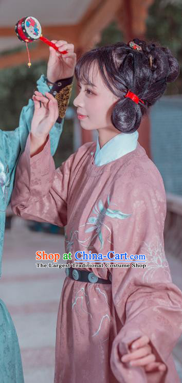 China Tang Dynasty Young Beauty Historical Clothing Ancient Village Lady Dress Traditional Hanfu Pink Robe Garment