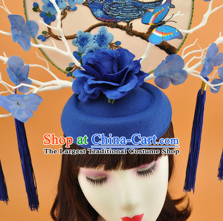 Chinese Stage Show Hair Crown Traditional Court Branch Top Hat Qipao Catwalks Deluxe Blue Rose Headpiece