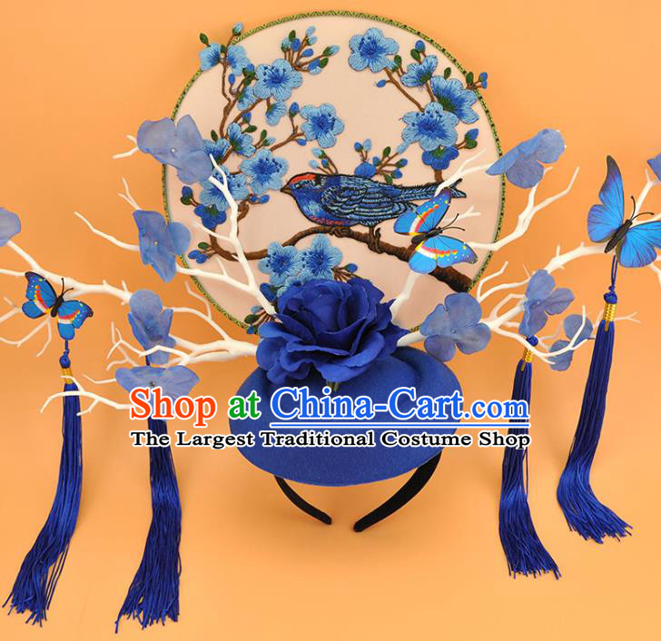 Chinese Stage Show Hair Crown Traditional Court Branch Top Hat Qipao Catwalks Deluxe Blue Rose Headpiece