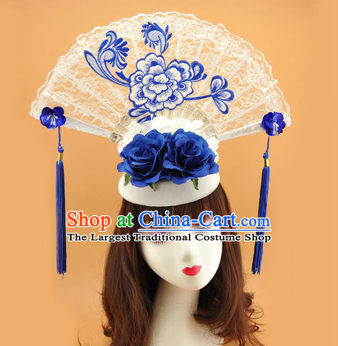 Chinese Stage Show Embroidered Peony Hair Crown Traditional Court White Lace Fan Top Hat Handmade Qipao Catwalks Deluxe Headpiece