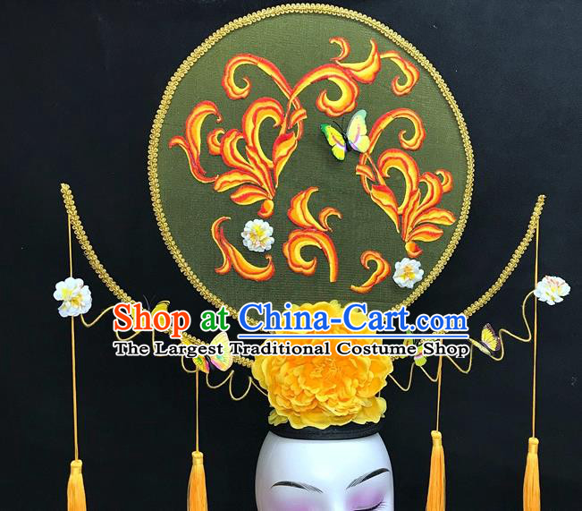 Chinese Qipao Stage Show Yellow Peony Hair Crown Traditional Court Giant Top Hat Handmade Catwalks Deluxe Butterfly Headwear