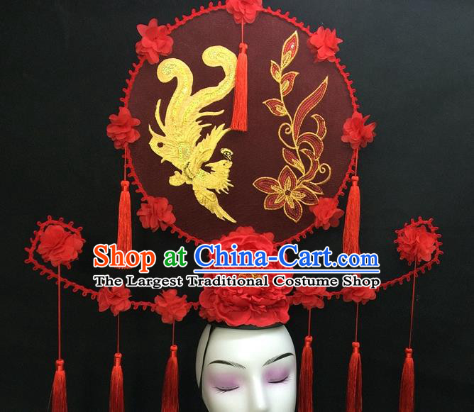 Chinese Qipao Stage Show Embroidered Phoenix Hair Crown Traditional Court Giant Red Peony Top Hat Handmade Catwalks Deluxe Tassel Headwear
