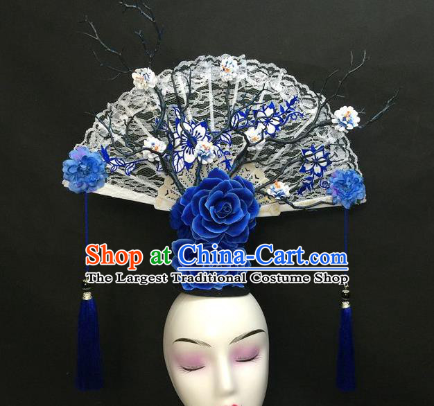 Chinese Traditional Court Giant Top Hat Handmade Catwalks Deluxe Embroidered Headwear Qipao Stage Show White Lace Fan Hair Crown