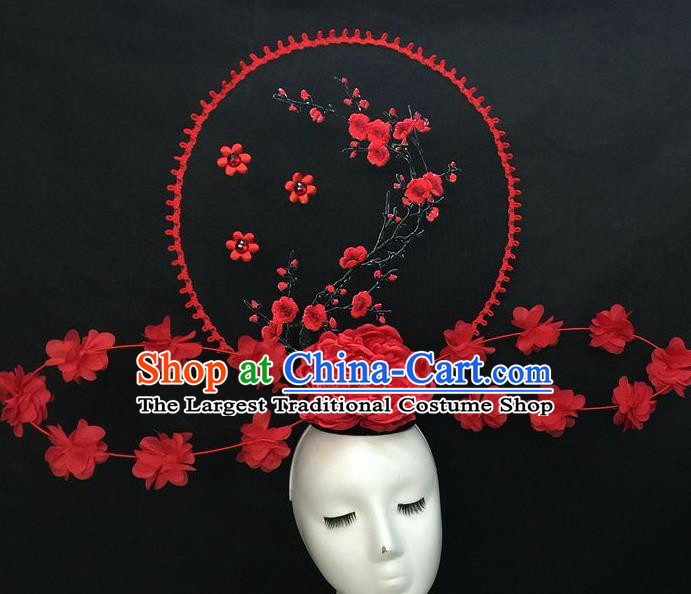 Chinese Cheongsam Stage Show Embroidered Red Plum Hair Crown Traditional Court Giant Top Hat Handmade Catwalks Deluxe Peony Fashion Headwear