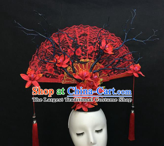 Chinese Handmade Catwalks Red Lace Fashion Headwear Cheongsam Stage Show Giant Hair Crown Traditional Court Deluxe Top Hat